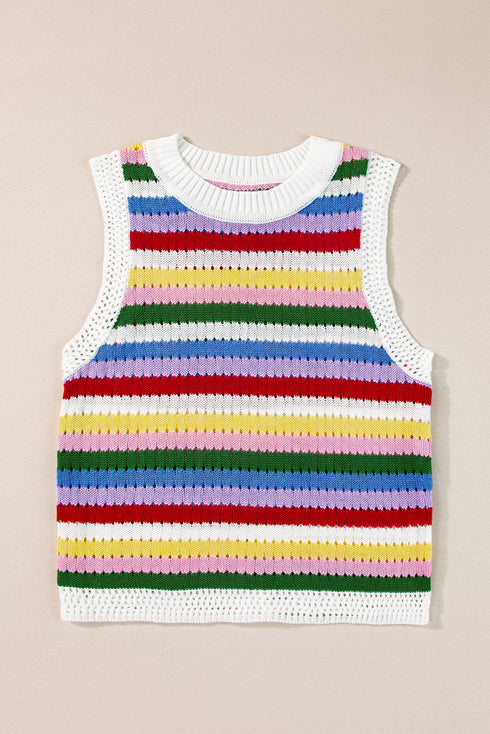 Striped Pointelle Knit Crew Neck Sleeveless Tank Top