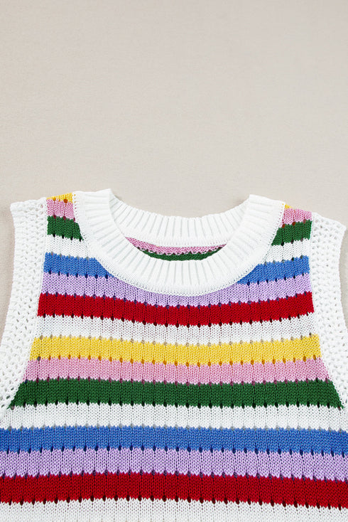 Striped Pointelle Knit Crew Neck Sleeveless Tank Top
