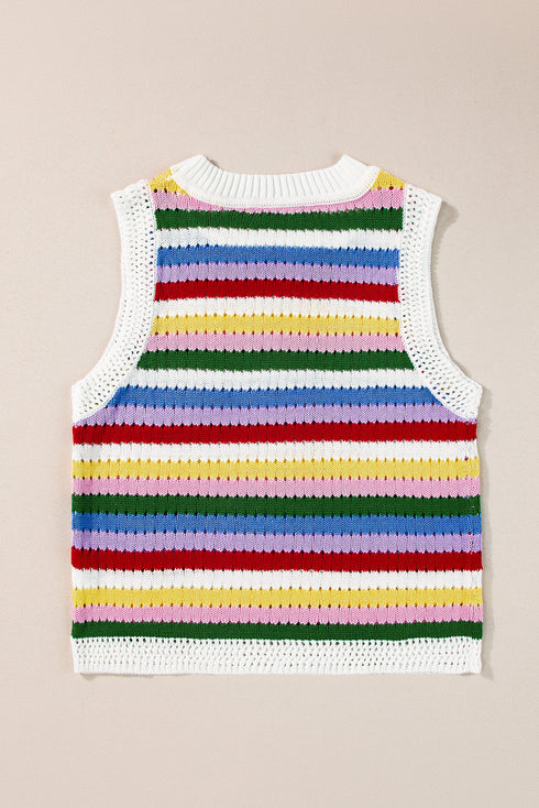 Striped Pointelle Knit Crew Neck Sleeveless Tank Top