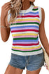 Striped Pointelle Knit Crew Neck Sleeveless Tank Top