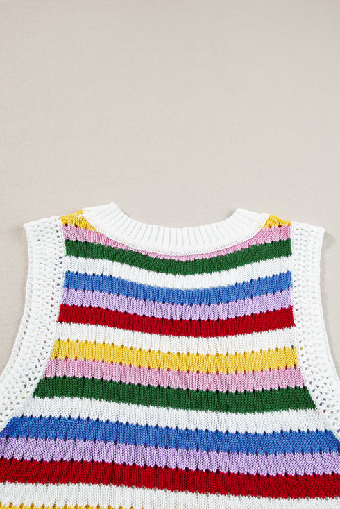 Striped Pointelle Knit Crew Neck Sleeveless Tank Top