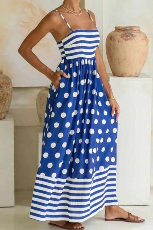 Striped Polka Dot Patchwork Spaghetti Strap Maxi Dress