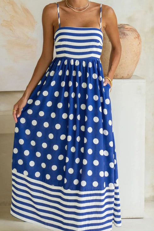 Striped Polka Dot Patchwork Spaghetti Strap Maxi Dress