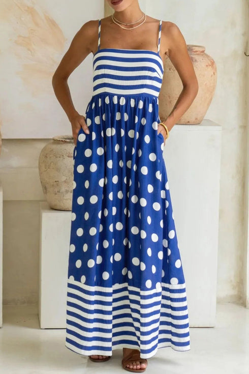 Striped Polka Dot Patchwork Spaghetti Strap Maxi Dress