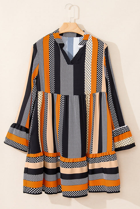 Striped Polka Dot Print Ruffled Hem V Neck Mini Dress