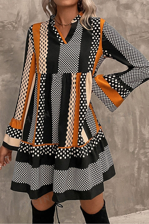 Striped Polka Dot Print Ruffled Hem V Neck Mini Dress