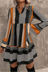 Striped Polka Dot Print Ruffled Hem V Neck Mini Dress
