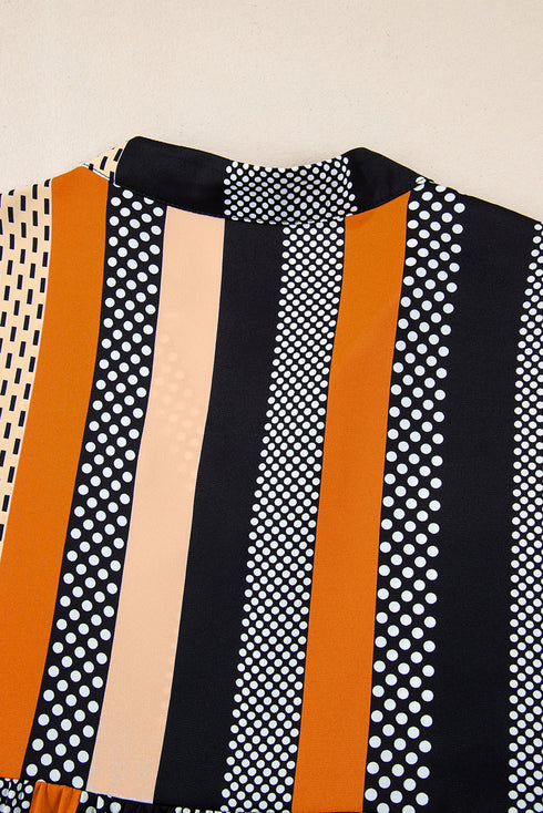 Striped Polka Dot Print Ruffled Hem V Neck Mini Dress
