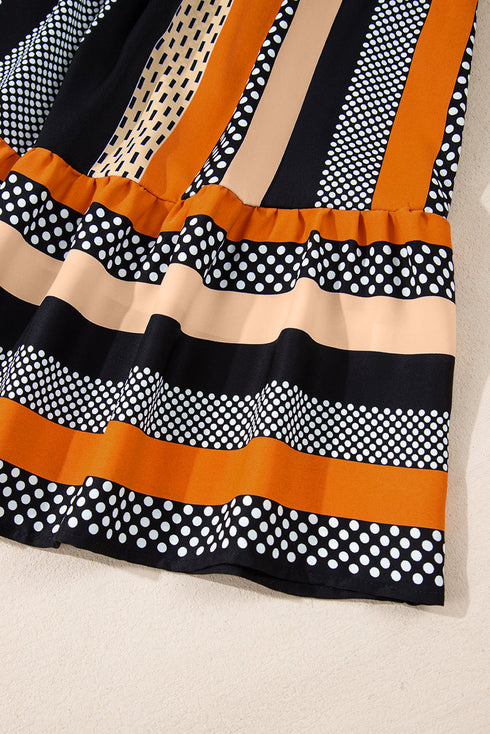 Striped Polka Dot Print Ruffled Hem V Neck Mini Dress