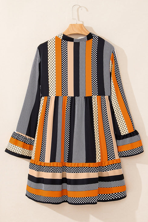 Striped Polka Dot Print Ruffled Hem V Neck Mini Dress