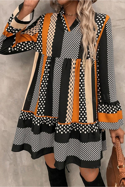 Striped Polka Dot Print Ruffled Hem V Neck Mini Dress