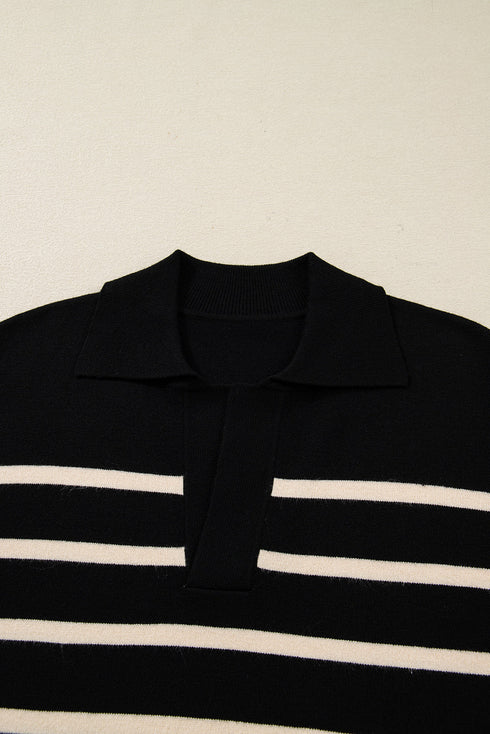 Striped Polo Collar Puff Sleeve Mini Sweater Dress