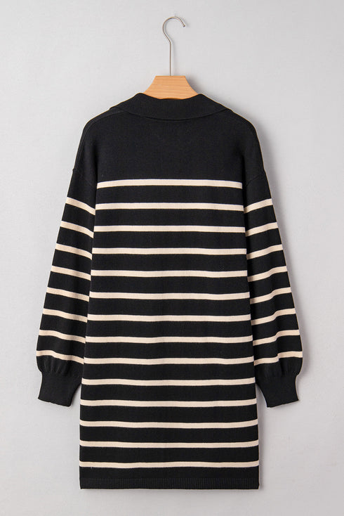 Striped Polo Collar Puff Sleeve Mini Sweater Dress