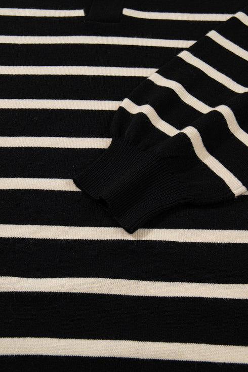 Striped Polo Collar Puff Sleeve Mini Sweater Dress