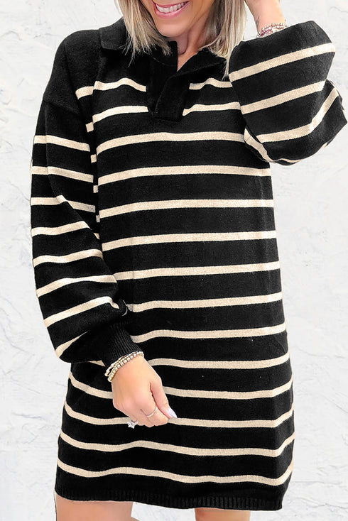Striped Polo Collar Puff Sleeve Mini Sweater Dress