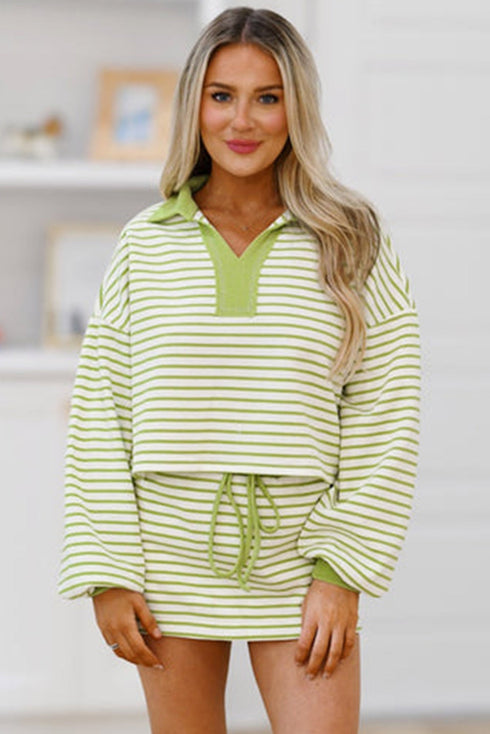 Striped Polo Collar V Neck Drop Shoulder Pullover Wrap Skort Two Piece Set