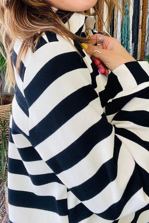Striped Polo Neck Side Pocket Sweatshirt Mini Dress