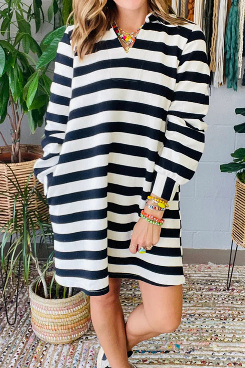 Striped Polo Neck Side Pocket Sweatshirt Mini Dress