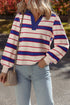 Striped Preppy Polo Collar V-Neck Long Sleeve Pullover Sweatshirt