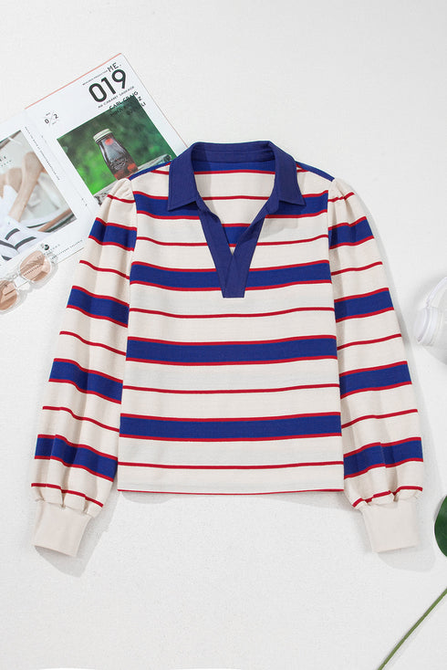 Striped Preppy Polo Collar V-Neck Long Sleeve Pullover Sweatshirt