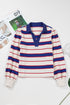 Striped Preppy Polo Collar V-Neck Long Sleeve Pullover Sweatshirt
