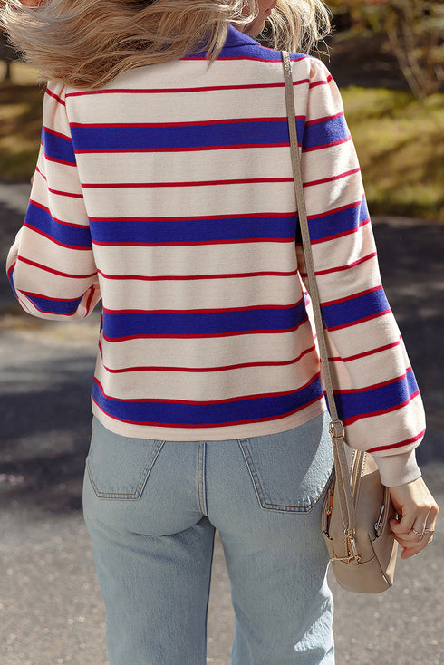 Striped Preppy Polo Collar V-Neck Long Sleeve Pullover Sweatshirt