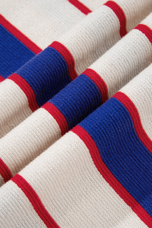 Striped Preppy Polo Collar V-Neck Long Sleeve Pullover Sweatshirt