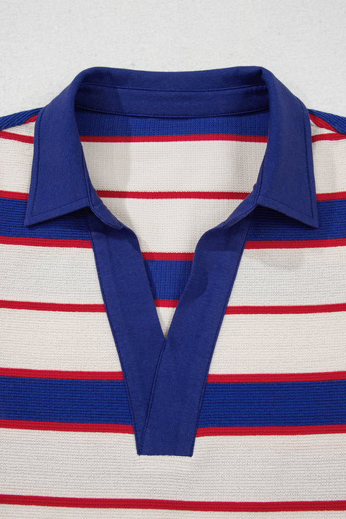 Striped Preppy Polo Collar V-Neck Long Sleeve Pullover Sweatshirt