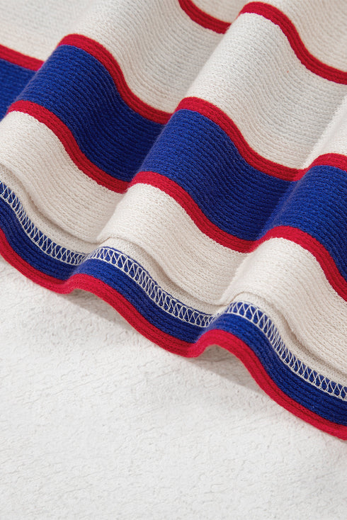 Striped Preppy Polo Collar V-Neck Long Sleeve Pullover Sweatshirt