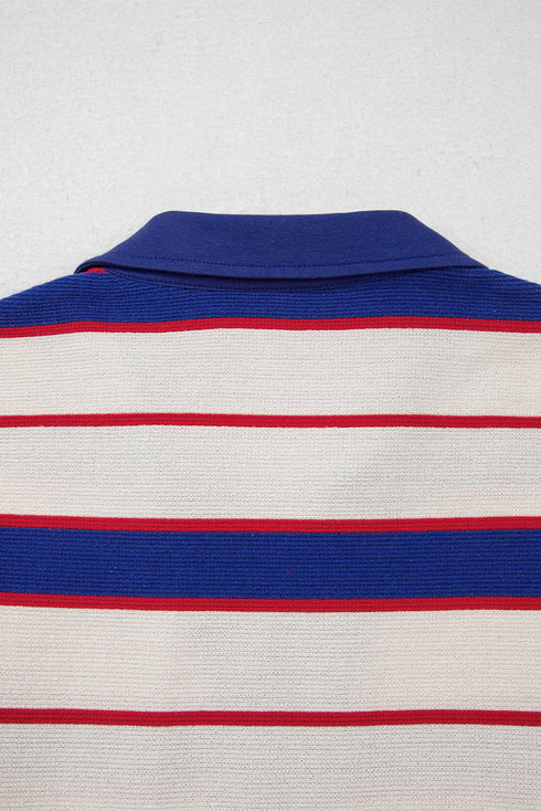 Striped Preppy Polo Collar V-Neck Long Sleeve Pullover Sweatshirt