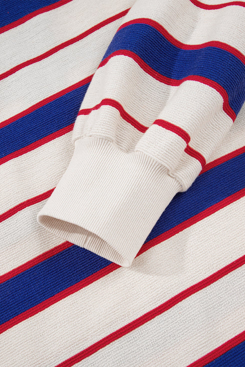 Striped Preppy Polo Collar V-Neck Long Sleeve Pullover Sweatshirt