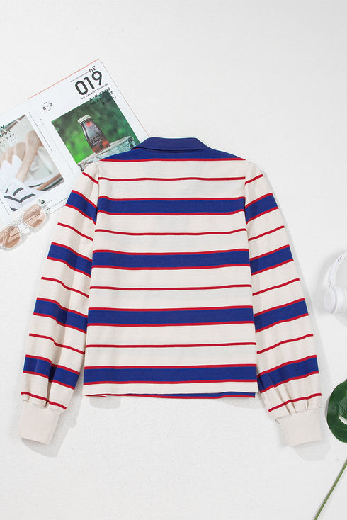 Striped Preppy Polo Collar V-Neck Long Sleeve Pullover Sweatshirt