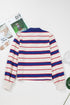Striped Preppy Polo Collar V-Neck Long Sleeve Pullover Sweatshirt