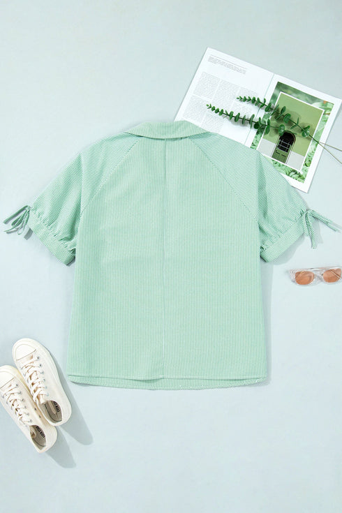 Striped Print Collared V Neck Short Sleeve Blouse