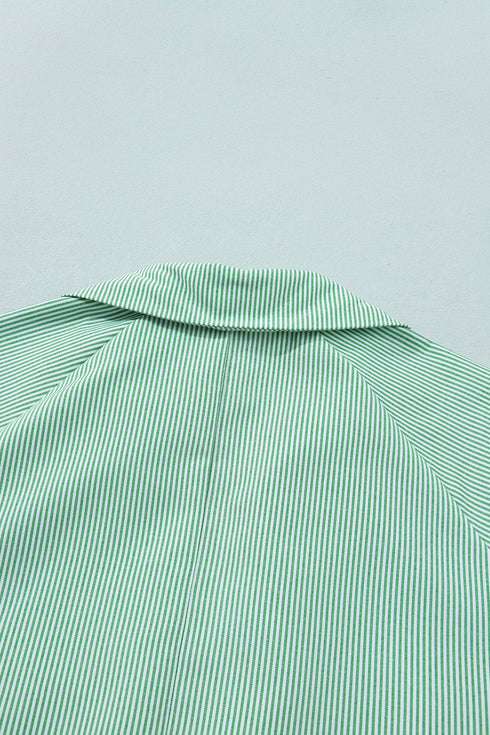Striped Print Collared V Neck Short Sleeve Blouse