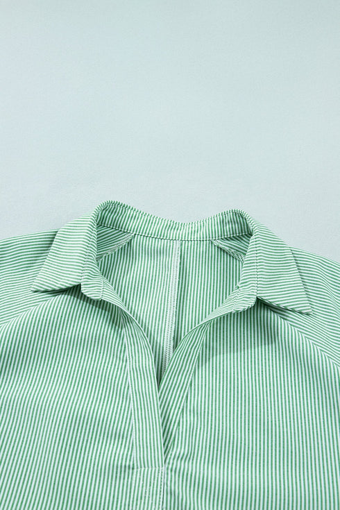 Striped Print Collared V Neck Short Sleeve Blouse