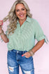 Striped Print Collared V Neck Short Sleeve Blouse