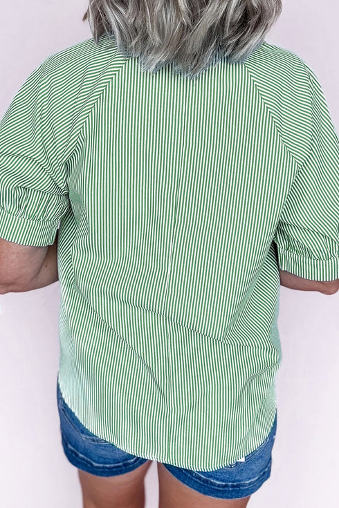 Striped Print Collared V Neck Short Sleeve Blouse