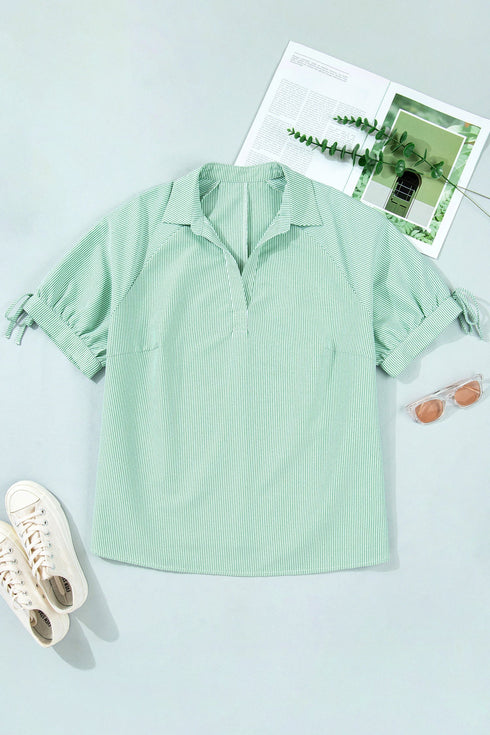 Striped Print Collared V Neck Short Sleeve Blouse