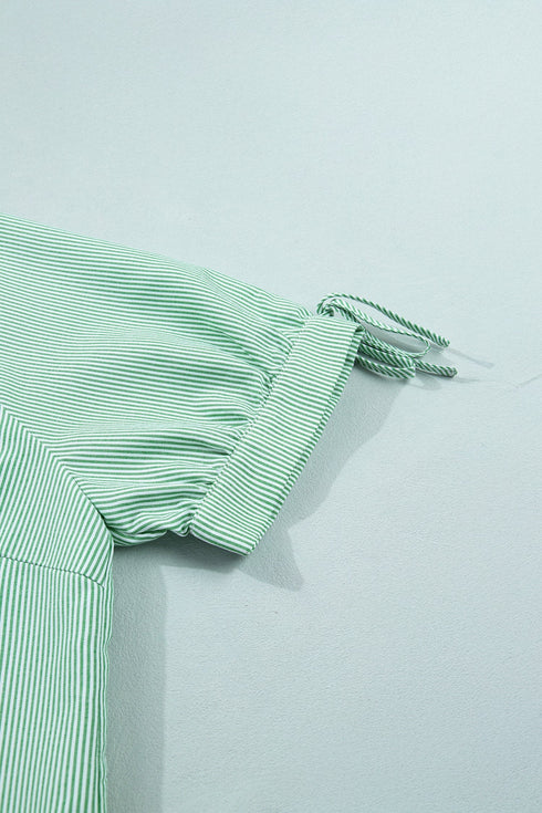 Striped Print Collared V Neck Short Sleeve Blouse
