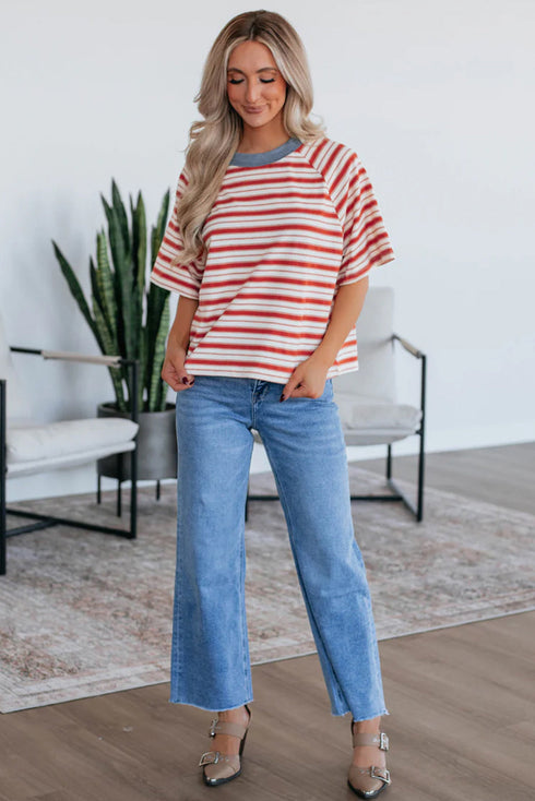 Striped Print Contrast Collar Raglan Sleeve Casual Shirt