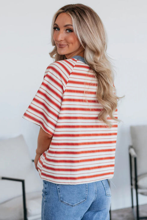 Striped Print Contrast Collar Raglan Sleeve Casual Shirt