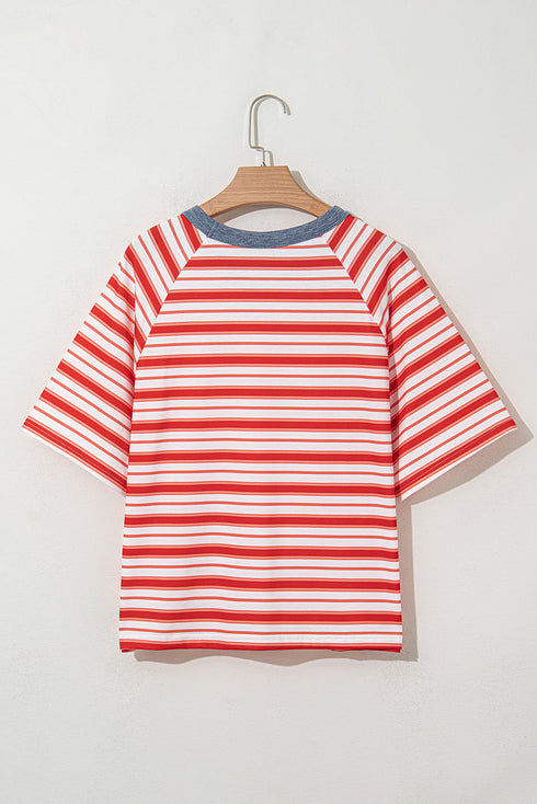 Striped Print Contrast Collar Raglan Sleeve Casual Shirt
