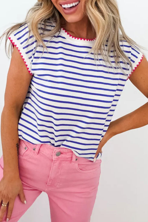 Striped Print Contrast Trim Round Neck Cap Sleeve Tee