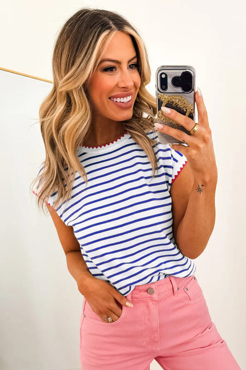 Striped Print Contrast Trim Round Neck Cap Sleeve Tee