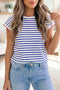Striped Print Contrast Trim Round Neck Cap Sleeve Tee