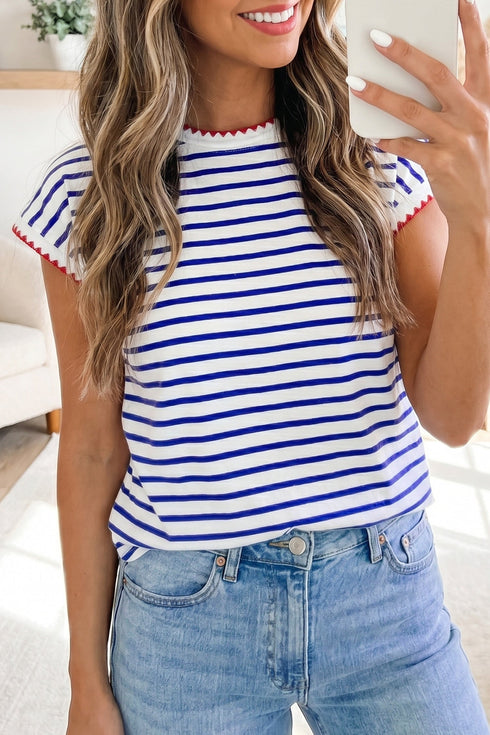 Striped Print Contrast Trim Round Neck Cap Sleeve Tee
