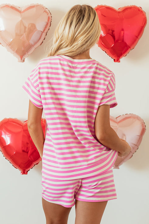Striped Print Crew Neck T Shirt Drawstring Short Set