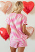 Striped Print Crew Neck T Shirt Drawstring Short Set