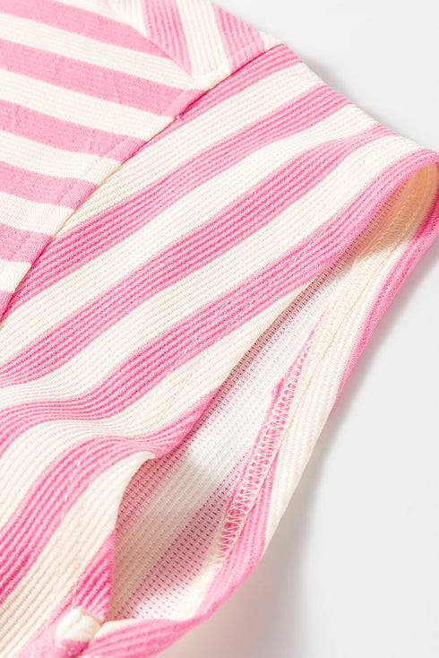 Striped Print Crew Neck T Shirt Drawstring Short Set